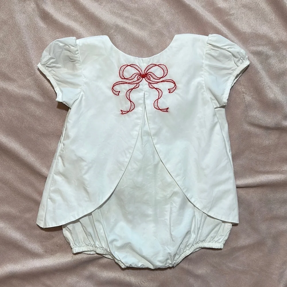 EUC The Proper Peony white bubble Romper with Red Bow Embroidery size 6mo